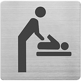 Bordje "Baby verschoonruimte", vierkant, incl. zelfklevende pad, L 90 x B 90 mm, geborsteld roestvrij staal, zilver-zwart