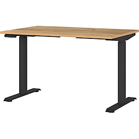 Boston desk, electrically height-adjustable, rectangular, T-leg, memory USB panel, W 1200 x D 800 x H 720-1200 mm, Navarra oak/black