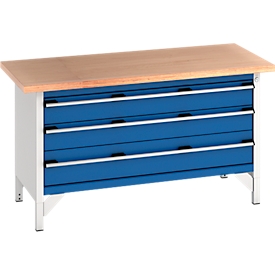 Bott cubio box-type werkbank, beuken multiplex blad, B 1500 x D 750 x H 840 mm, belastbaar tot 600 kg, 3 laden, lichtgrijs/gentiaanblauw