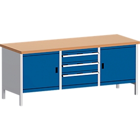 Bott cubio kistvormige werkbank, koper beukenhout, B 2000 x D 750 x H 840 mm, gentiaanblauw/lichtgrijs