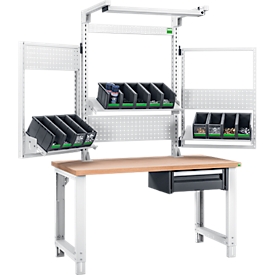 Bott cubio system werkbank, met laden, steun en zwenkramen, licht, beuken multiplex plaat, tot 800 kg, B 2000 x D 750 mm, lichtgrijs