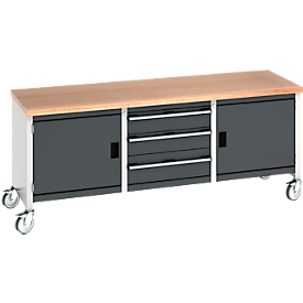 Bott Kastenwerkbank cubio, 4 Lenkrollen, 3 Schubladen, Buche-Multiplexplatte, B 2000 x T 750 x H 840 mm, anthrazit/lichtgrau