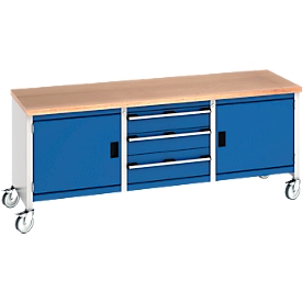 Bott Kastenwerkbank cubio, 4 Lenkrollen, 3 Schubladen, Buche-Multiplexplatte, B 2000 x T 750 x H 840 mm, enzianblau/lichtgrau