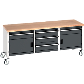 Bott Kastenwerkbank cubio, 5 Schubladen, Buche-Multiplexplatte, 4 Lenkrollen, B 2000 x T 750 x H 840 mm, anthrazit/lichtgrau
