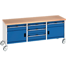 Bott Kastenwerkbank cubio, 5 Schubladen, Buche-Multiplexplatte, 4 Lenkrollen, B 2000 x T 750 x H 840 mm, enzianblau/lichtgrau
