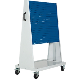 Bott mobiles Lochplatten-System Perfo Rack Plus, 4 Lochplatten, Bodenwanne, Schiebegriff, B 1000 x T 650 x H 1600 mm, Stahl, lichtgrau RAL 7035/enzianblau RAL 5010