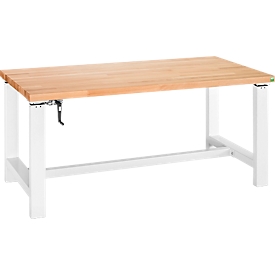 Bott Systemwerkbank cubio, manuell höhenverstellbar per Handkurbel, Buche-Multiplexplatte geölt, B 1500 x T 750 x H 1060 mm, 400 kg, lichtgrau RAL 7035