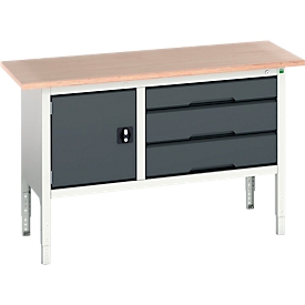 Bott verso box-type werkbank, met multiplex blad, 3 laden &amp; 1 deur, B 1500 x D 600 x H 830 - 930 mm, lichtgrijs RAL 7035 / antracietgrijs RAL 7016