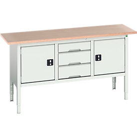 Bott verso box-type werkbank, met multiplex blad, 3 laden &amp; 2 deuren, B 1750 x D 600 x H 830 - 930 mm, RAL 7035 lichtgrijs