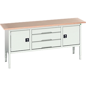 Bott verso box-type werkbank, met multiplex blad, 3 laden &amp; 2 deuren, B 2000 x D 600 x H 830 - 930 mm, lichtgrijs RAL 7035