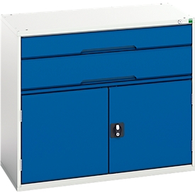 Bott verso ladekast, 2 laden, tot 75 kg per lade, scharnierende deur, volledig uittrekbaar, B 1050 x D 550 x H 900 mm, plaatstaal, grijs-blauw