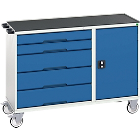 Bott verso montagewagen, verrijdbaar, 5 laden, tot 50 kg per lade, volledig uittrekbaar, B 1300 x D 550 x H 965 mm, deur &amp; afrolrand, plaatstaal, grijs-blauw