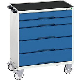 Bott verso verrijdbare ladekast, 5 laden, tot 50 kg per lade, volledig uittrekbaar, B 800 x D 550 x H 965 mm, plaatstaal, grijs-blauw
