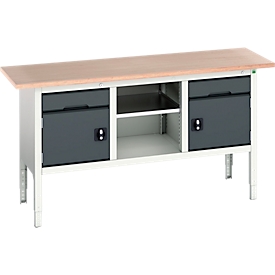 Bott verso werkbank in boxmodel, multiplexplaat, 2 laden, 1 legplank, 2 deuren, B 1750 x D 600 x H 830 - 930 mm, lichtgrijs / antracietgrijs