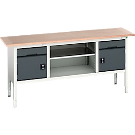 Bott verso werkbank in boxmodel, multiplexplaat, 2 laden, 2 deuren, 1 legplank, B 2000 x D 600 x H 830 - 930 mm, lichtgrijs / antracietgrijs