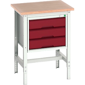 Bott verso werkbank, multiplex legbord, met dwarsverbinderset, 3 laden, B 700 x D 600 x H 780 - 930 mm, lichtgrijs/paarsrood