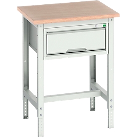 Bott verso werkbank, multiplex werkblad, 1 lade, met kruisschoorset, B 700 x D 600 x H 780 - 930 mm, RAL 7035 lichtgrijs