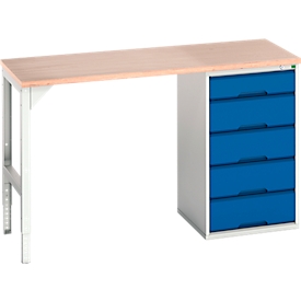 Bott verso werkbank, tot 600 kg, 5 laden, B 1500 x D 600 x H 930 mm, beuken multiplex, staal, grijs