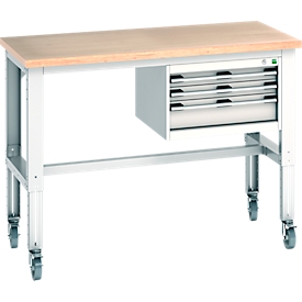 Bott Werkbank cubio, 4 Rollen, mit Hängeschrank, Buche-Multiplexplatte, B 1500 x T 750 mm, lichtgrau RAL 7035