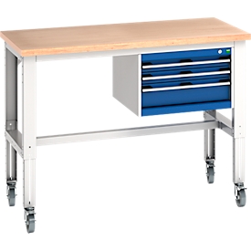 Bott Werkbank cubio, 4 Rollen, mit Hängeschrank, Buche-Multiplexplatte, B 1500 x T 750 mm, Stahlblech, enzianblau/lichtgrau