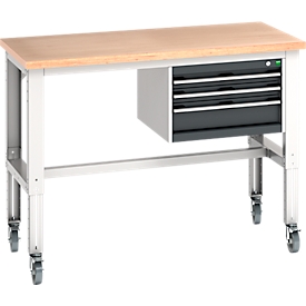 Bott Werkbank cubio, 4 Rollen, mit Hängeschrank, Buche-Multiplexplatte, B 1500 x T 750 mm, Stahlblech, lichtgrau/anthrazit