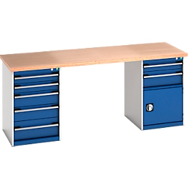 Bott Werkbank Cubio, Buche-Multiplexplatte 40 mm, B 2000 x T 750 x H 940 mm, 1500 kg, 9 Schubladen, 1 Tür, abschließbar, enzianblau/lichtgrau