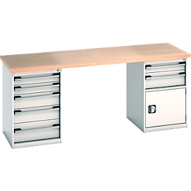 Bott Werkbank Cubio, Buche-Multiplexplatte, B 2000 x T 750 x H 940 mm, bis 1500 kg, 7 Schubladen, lichtgrau (RAL 7035)