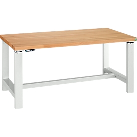 Bott Werkbank cubio, hydraulisch verstellbar, Buche-Multiplexplatte, B 1500 x T 750 x H 1060 mm, lichtgrau RAL 7035