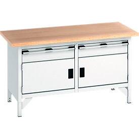 Bott Werkbank cubio Kastenwerkbank mit 2 Schubladen, Buche-Multiplexplatte, B 1500 x T 750 x H 840 mm, lichtgrau/lichtgrau
