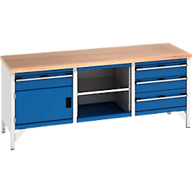 Bott Werkbank cubio Kastenwerkbank mit 4 Schubladen, Buche-Multiplexplatte, B 2000 x T 750 x H 840 mm, enzianblau RAL 5010/lichtgrau RAL 7035