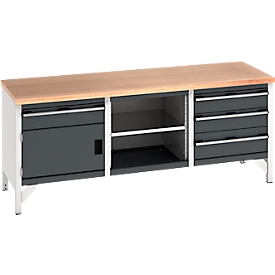 Bott Werkbank cubio Kastenwerkbank mit 4 Schubladen, Buche-Multiplexplatte, B 2000 x T 750 x H 840 mm, lichtgrau/anthrazit