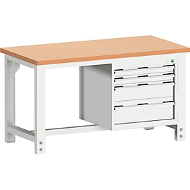 Bott Werkbank cubio, manuell höhenverstellbar, Rotbuchenholz, B 1500 x T 750 x H 740–1140 mm, lichtgrau RAL 7035, 1200 kg Tragkraft