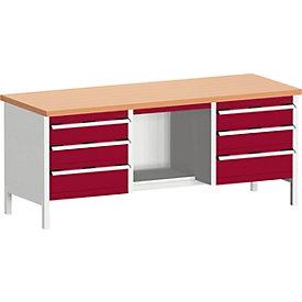 Bott Werkbank Cubio, massive Rotbuche-Arbeitsplatte, B 2000 x T 750 x H 840 mm, Tragkraft 1250 kg, purpurrot/lichtgrau