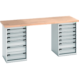 Bott Werkbank, Stahl, B 2000 x T 750 x H 940 mm, Tragkraft 1200 kg, Arbeitsplatte Buchenholz, 13 Schubladen, lichtgrau RAL 7035/Buche