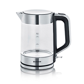 Bouilloire, 1,7 litre, 2 200 watts, acier inoxydable/verre, arrêt automatique de la vapeur, filtre anticalcaire amovible, L 240 x P 140 x H 245 mm, noir/argenté