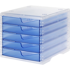 Box à tiroirs styro® styroswing light, 5 tiroirs, blocage de l'extraction &amp; poignée encastrée, empilable, L 270 x P 340 x H 255 mm, polystyrène, transparent-bleu clair