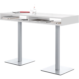 BOX mesa de conferencia de pie, hasta 6 personas, rectangular, de pie, An 1600 x F 600 x Al 1105 mm, blanco/plateado