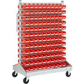 Box trolley with front opening, two-sided, W 1130 x D 710 x H 1705 mm, 240 x 0.7 l red