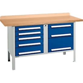 Box-type werkbank Schäfer Shop Select PWi 150-8, beuken multiplex blad, tot 750 kg, B 1500 x D 700 x H 840 mm, gentiaanblauw