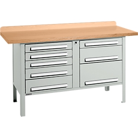 Box-type werkbank Schäfer Shop Select PWi 150-8, beuken multiplex blad, tot 750 kg, B 1500 x D 700 x H 840 mm, lichtgrijs