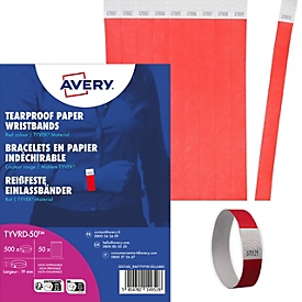 Bracelets en papier indéchirable TYVRD Avery Zweckform - Tyvek -19 x 256 mm - numéroté (non imprimable) - rouge - 500 pièces