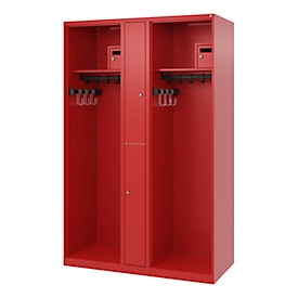 Brandweerkluis C+P Evolo Maxi, 4 vakken voor 2 personen, zonder helmhouder, vloerglijders, B 1200 x D 500 x H 1850 mm, RAL 3000 vuurrood