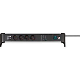 Brennenstuhl Alu-Office-Line 4-voudige contactdoosstrook, 2 USB-laadcontactdozen, overspanningsbeveiliging tot 60.000 A, 45° opstelling, 1,8 m kabel, L 480 x B 105 x D 105 mm, zwart/zilver
