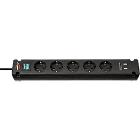 Brennenstuhl Bremounta Steckdosenleiste, 5-fach, 2 USB-Anschlüsse, 90°-Anordnung, 3 m Kabel, Sicherheitsschalter, L 80 x B 430 x T 70 mm, schwarz