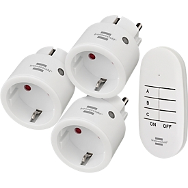 Brennenstuhl Comfort-Line kit de commutation radio MINI 3+1, 3 prises radio, 1 émetteur portatif, jusqu'à 2300 W, portée 25 m, pour l'intérieur, protection renforcée contre les contacts accidentels, L 148 x H 100 mm, blanc, piles incluses