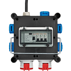 Brennenstuhl compact rubber power distributor, 1x CEE 400 V/16 A plug, 2 x CEE 400 V/16 A sockets, 5 x 230 V/16 A protective contact sockets, RCD circuit breaker, temperature-resistant -30°C to +80°C, sturdy metal carrying handle