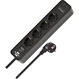 Brennenstuhl Ecolor contactdoosstrip, 4-voudig, 2 USB C, 45° opstelling, verhoogde bescherming, 1,5 m kabel, zwart
