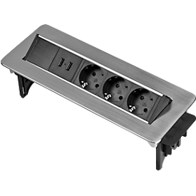 Brennenstuhl Indesk Power USB-lader, 3 stopcontacten met aardingscontact, 2 USB-laadcontactdozen, inschuifbaar, 2 m kabel, zilver/zwart