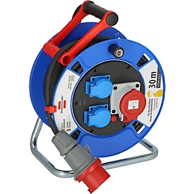 Brennenstuhl Kabeltrommel Garant CEE 1 IP44, 30m RN-Kabel, 3 Steckdosen, Kunststoff, für Außenbereich, blau/rot
