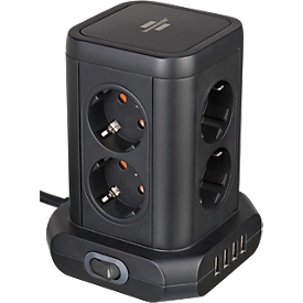 Brennenstuhl Steckdosenturm, 8-fach, 4 USB-Ladebuchsen, 45°-Anordnung, Ein-/Ausschalter, 2 m Kabel, schwarz